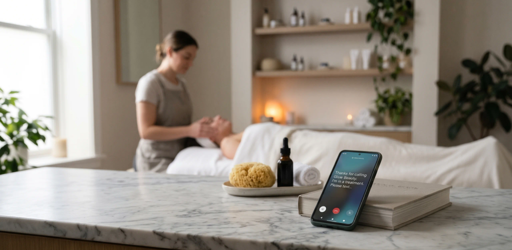 A beautician with a client while her phone shows a reply to a missed call on the counter