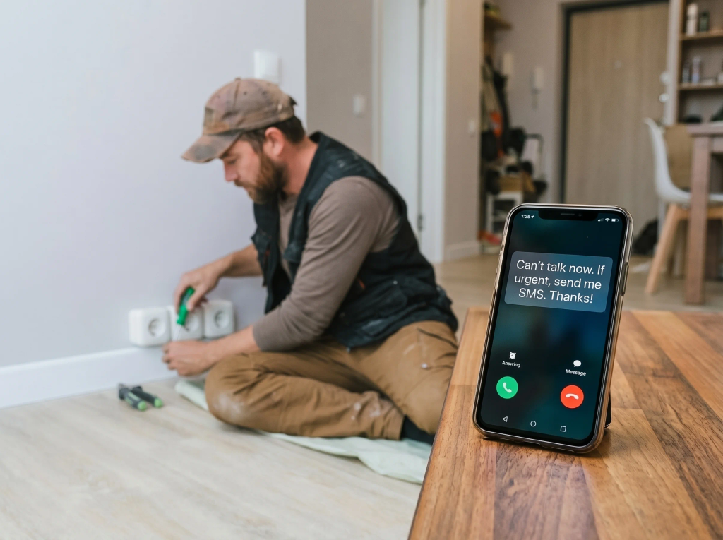 A tradesperson at work while their phone sends an automatic text reply to a missed call