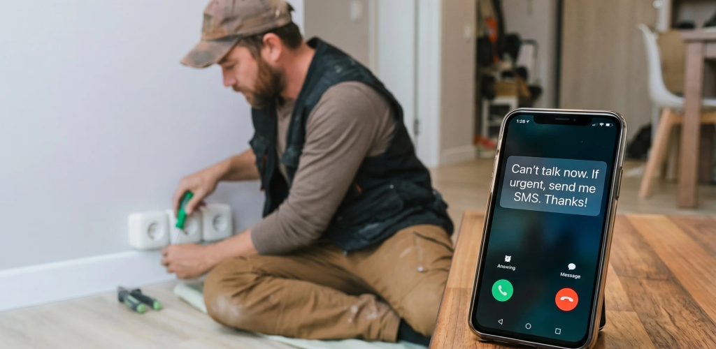 A tradesperson at work while their phone sends an automatic text reply to a missed call